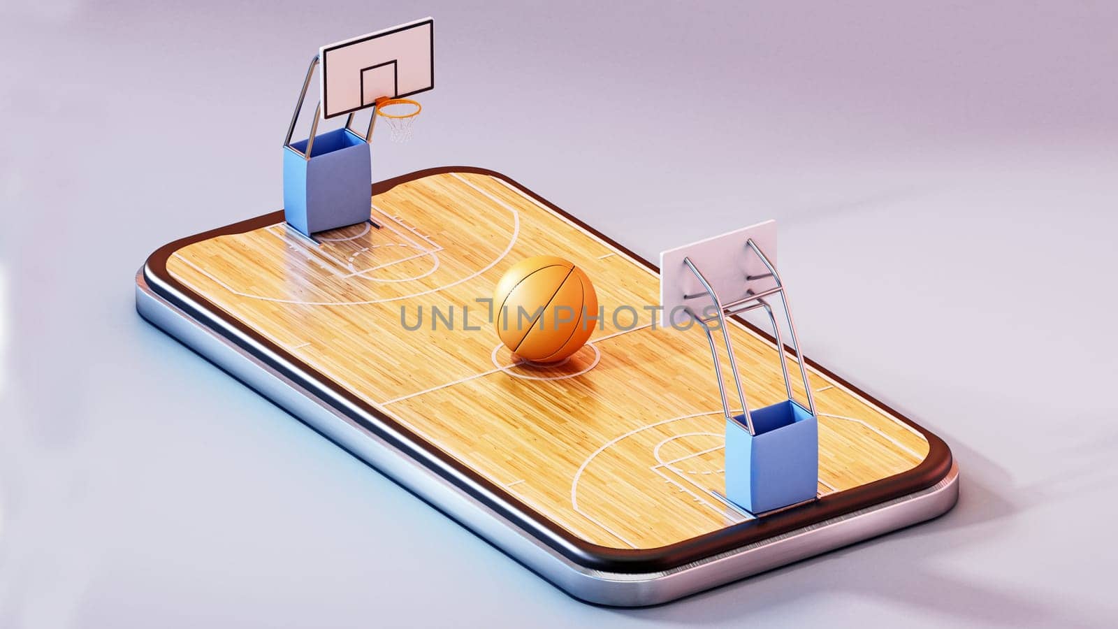 Basketball court on smartphone screen. 3D rendering.