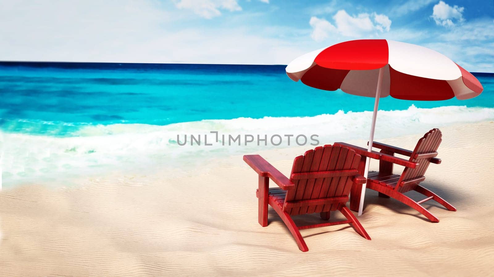 Umbrella and two sunbeds standing on the beach by the seashore. 3D illustration.