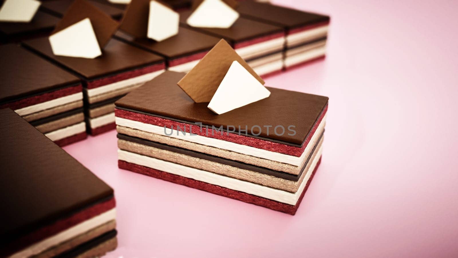 Chocolate cake slices with multiple layers. 3D illustration.