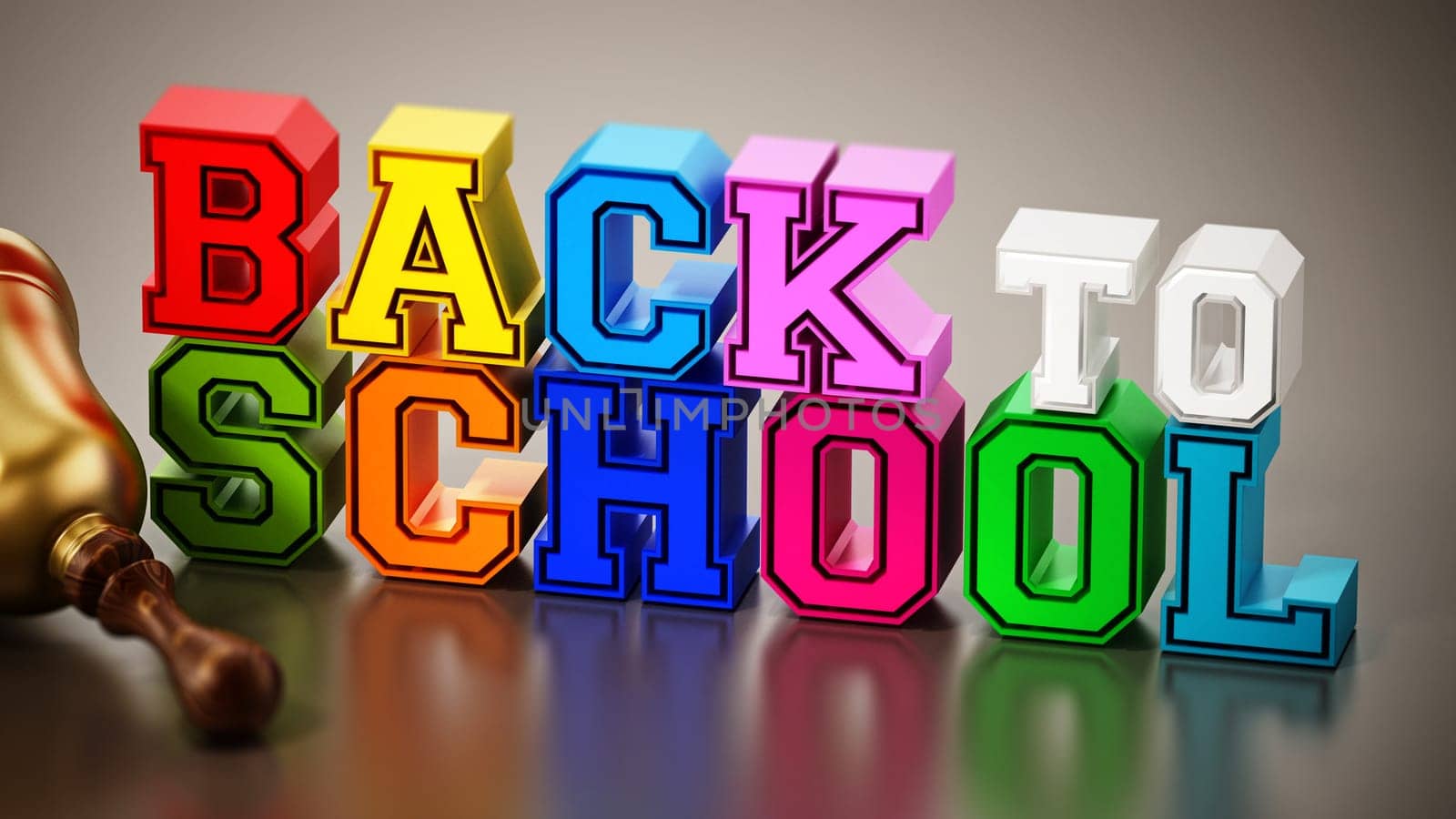 Back to school text and school bell on reflective surface. 3D illustration.