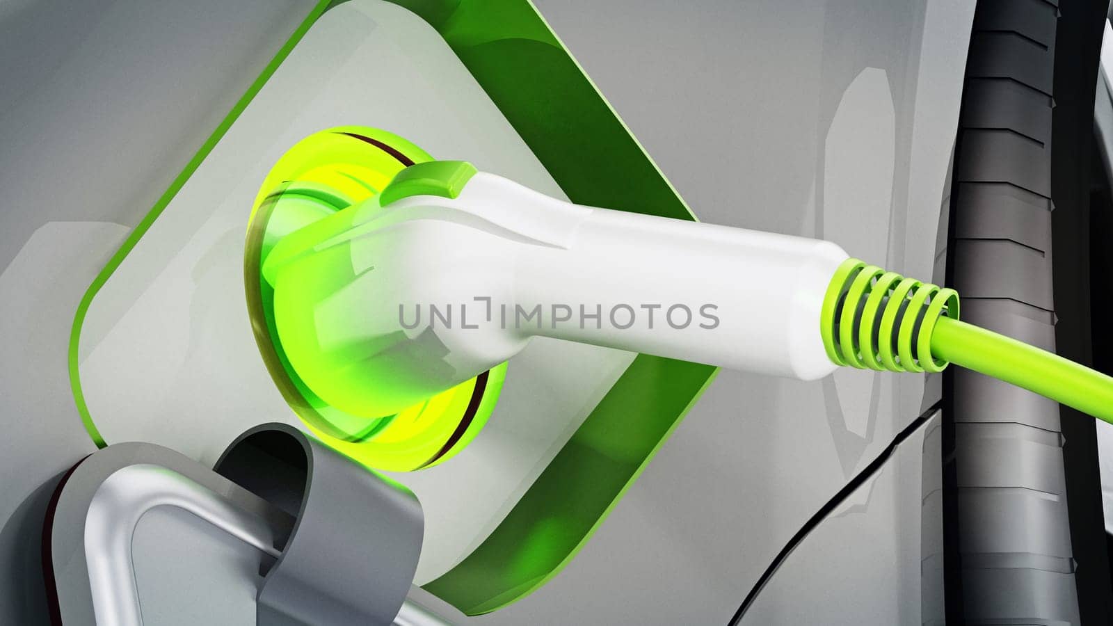 Plug-in hybrid or electric car being recharged. 3D illustration.