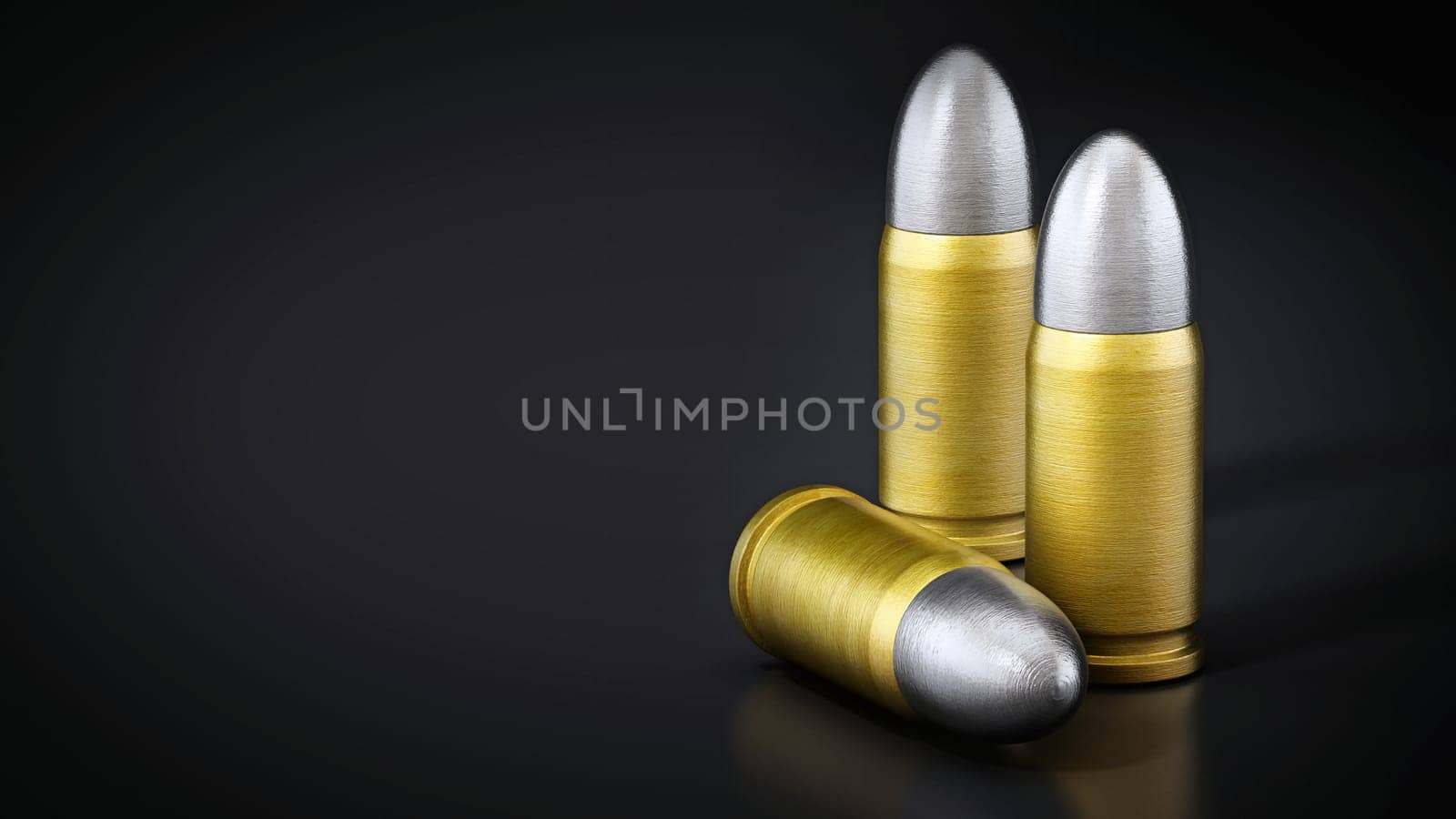 Various pistol bullets isolated on black background. 3D illustration.