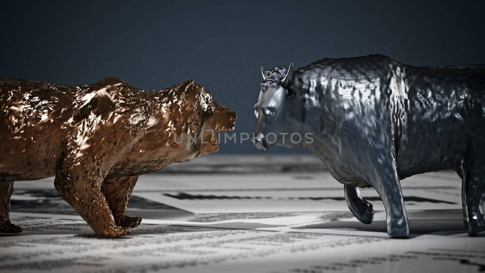 Bear and bull figures on economy newspaper pages. 3D illustration.