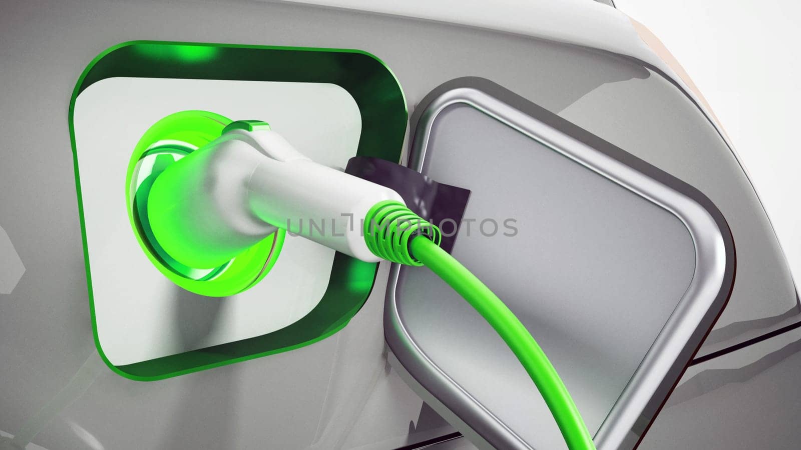 Plug-in hybrid or electric car being recharged. 3D illustration.