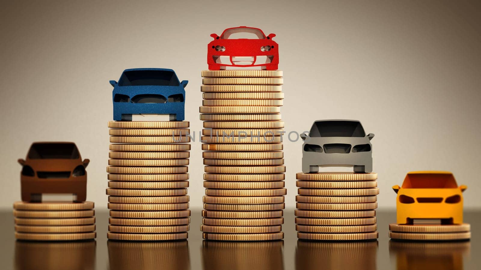 Colored car silhouettes standing on gold coin stacks. 3D illustration.
