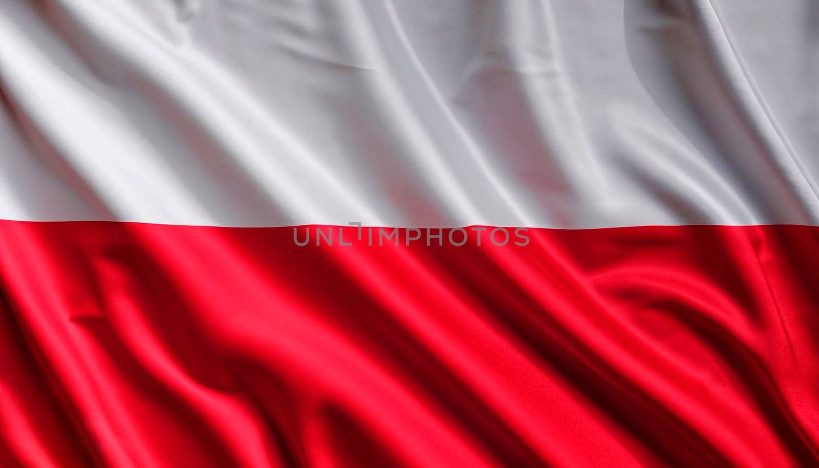 Fabric texture flag of Poland. Flag of Poland waving in the wind. Poland flag is depicted on a sports cloth fabric with many folds. Sport team banner.