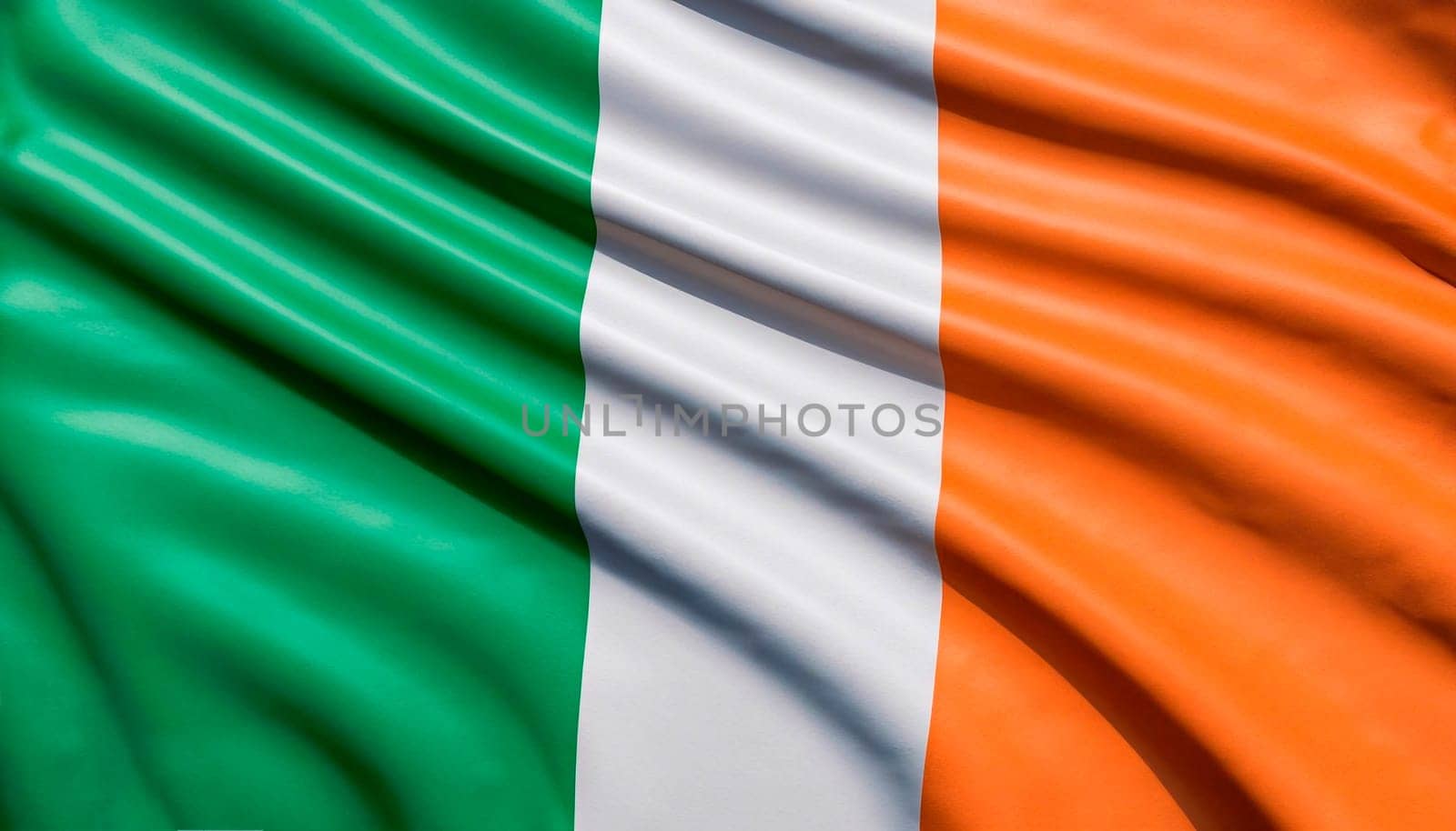 Fabric texture flag of Ireland. Flag of Ireland waving in the wind. Ireland flag is depicted on a sports cloth fabric with many folds. Sport team banner