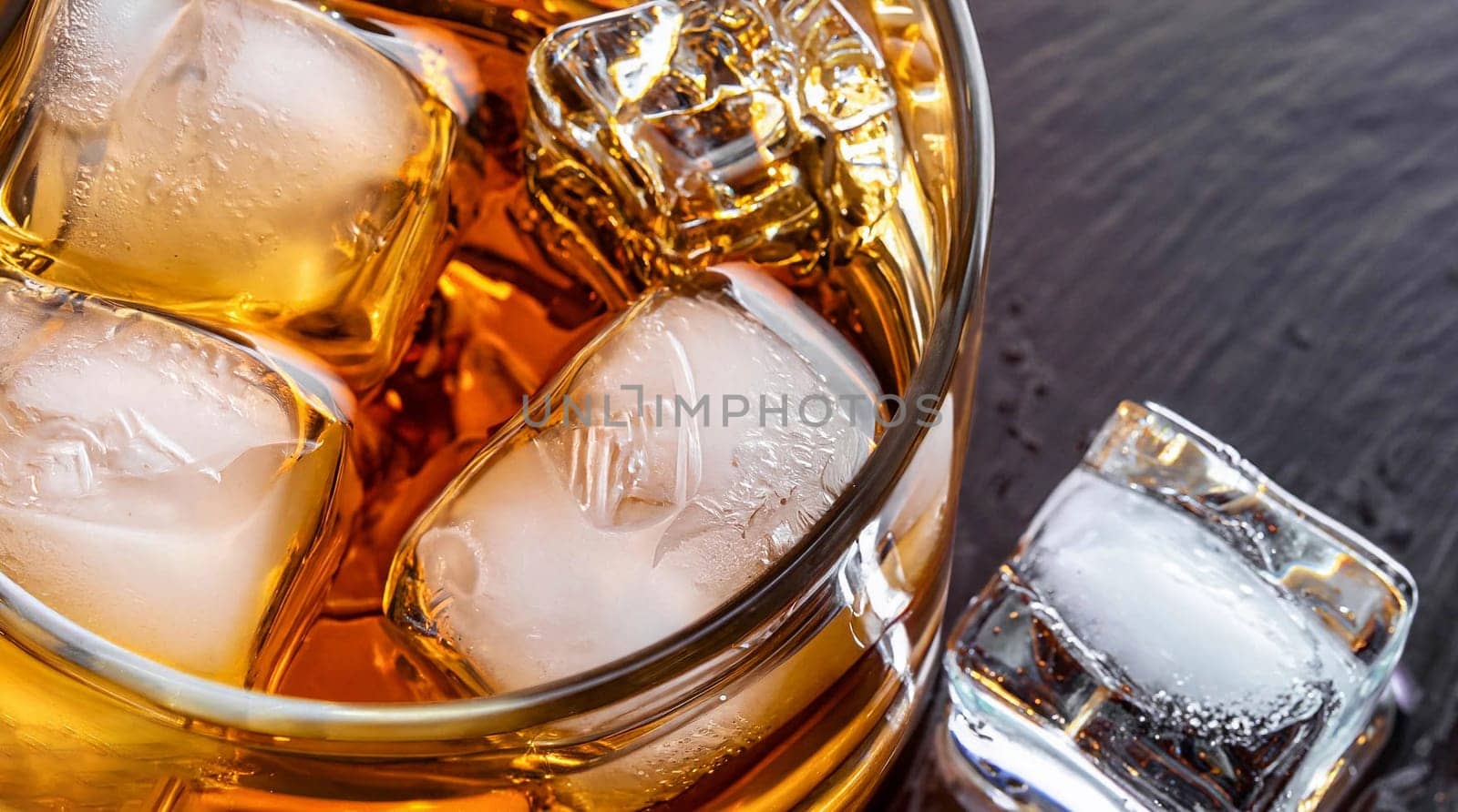 Golden whiskey in glass with ice cubes on table, top view. Space for text