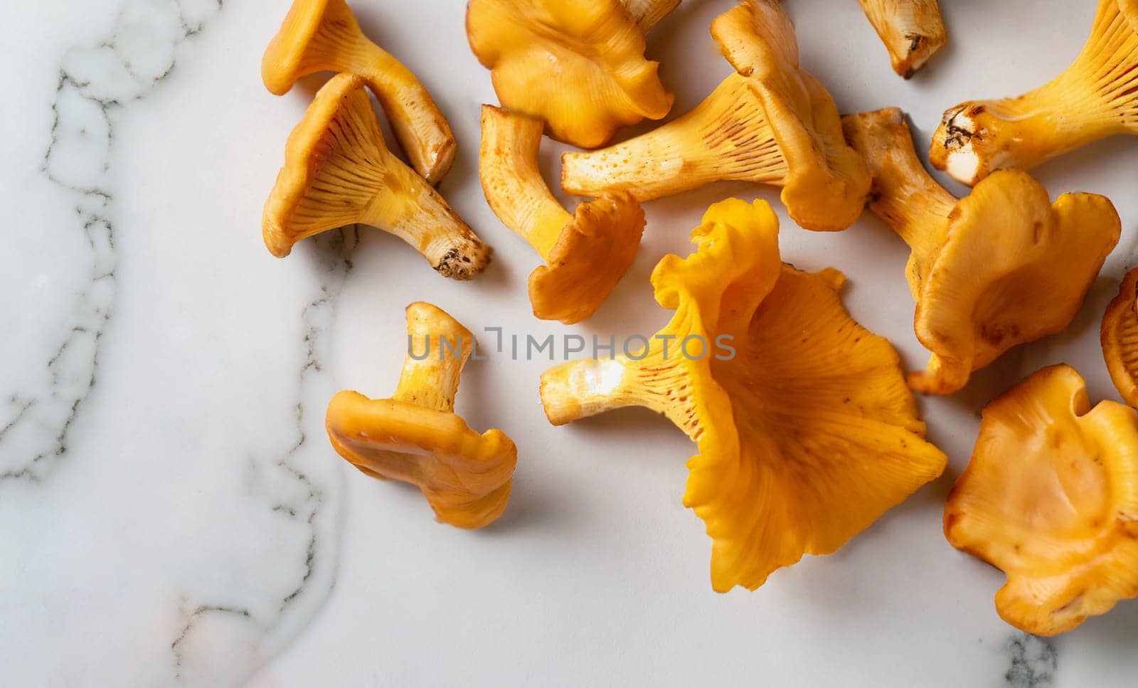 Forest Orange mushrooms chanterelles in a wicker basket and scattering on a white wooden table. Close up. Blur background