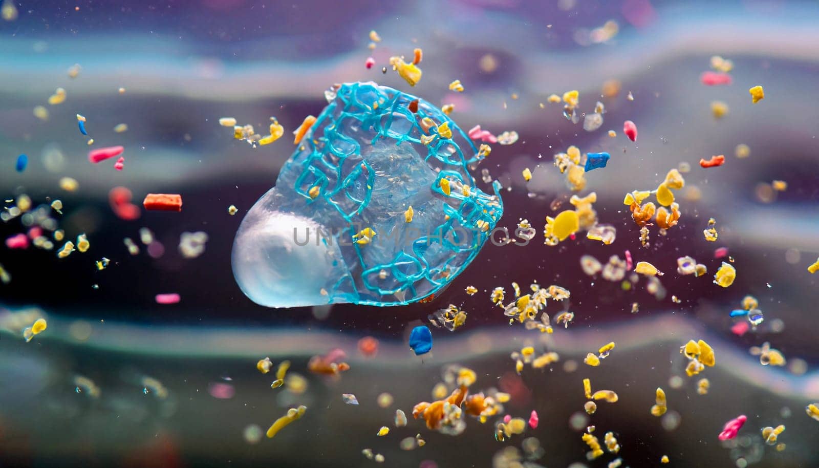 microplastic particles float in the ocean, water pollution.