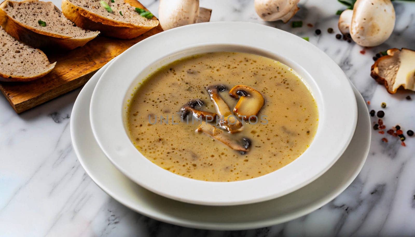 Chicken mushroom soup, Chinese cuisine, isolated on black background.