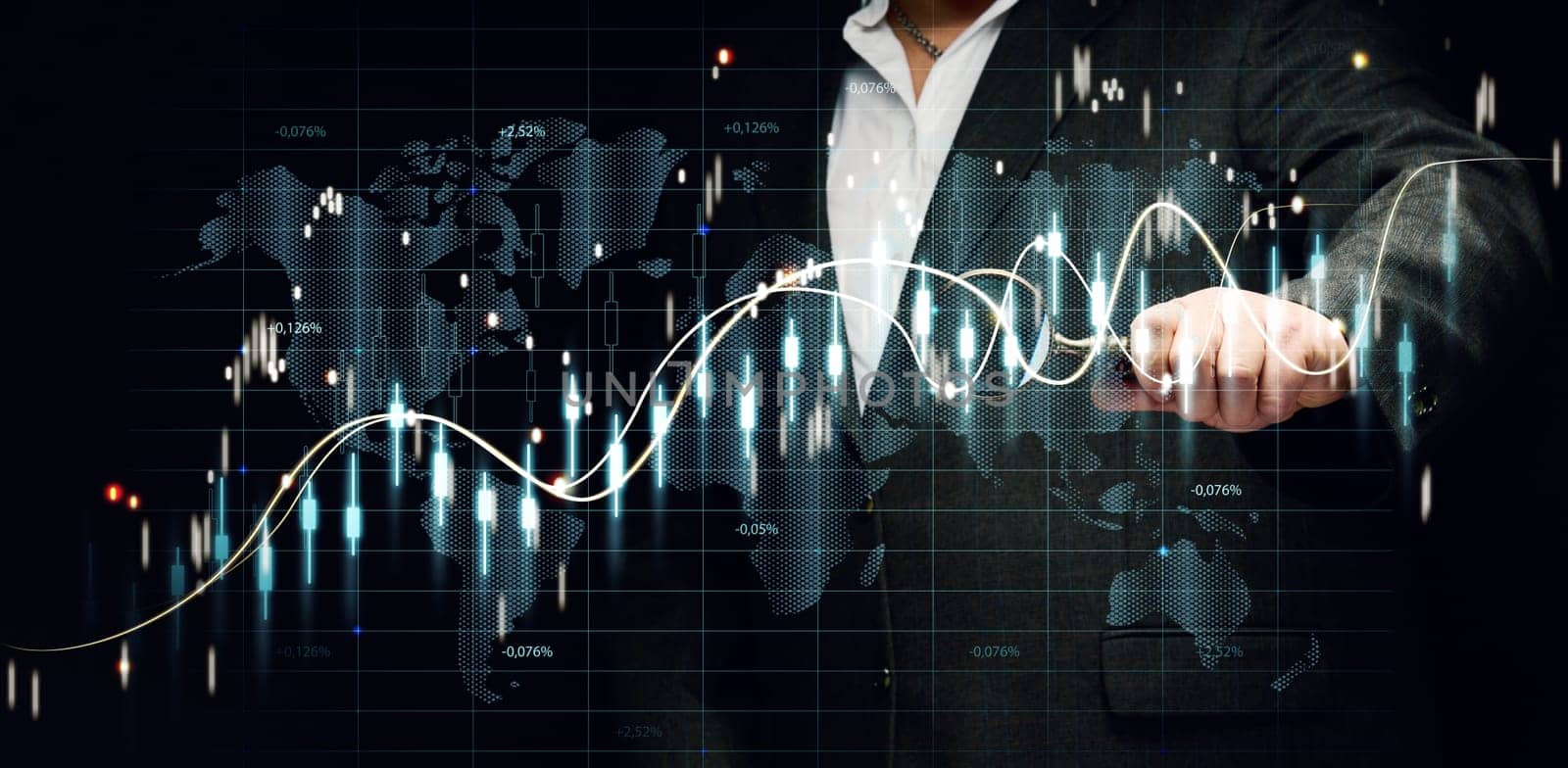 Graph of price growth and indicators. Analysis of indicators on a virtual screen by a businessman in a suit. Growth of business indicators, high profit