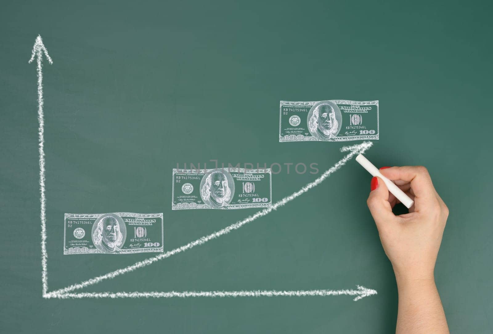 Female hand drawing an upward arrow on a graph and drawn dollars, concept of inflation growth, high profit