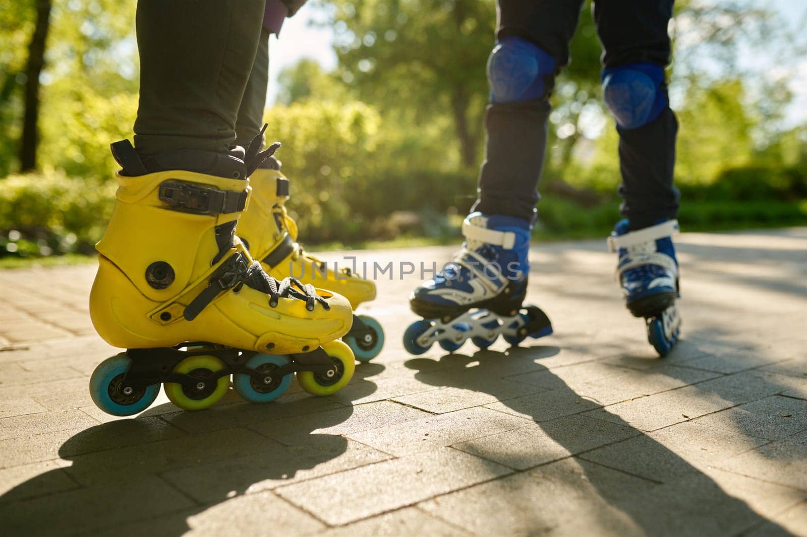 Cropped shot of man and boy legs wearing rollerblades over city park background. Active recreation time and sports activity in summer