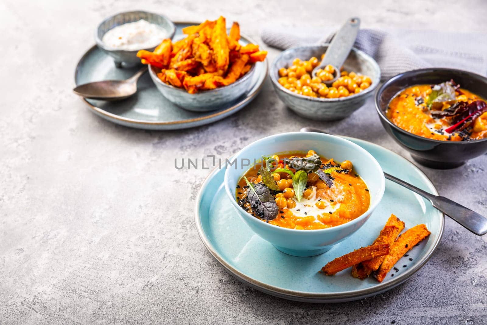 Homemade sweetpotato and carrot soup with chickpeas