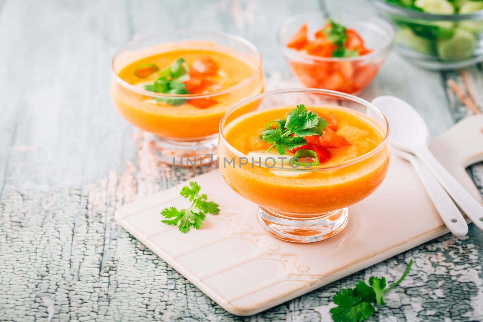 Gazpacho soup. Traditional spanish cold tomato soup of fresh raw vegetables