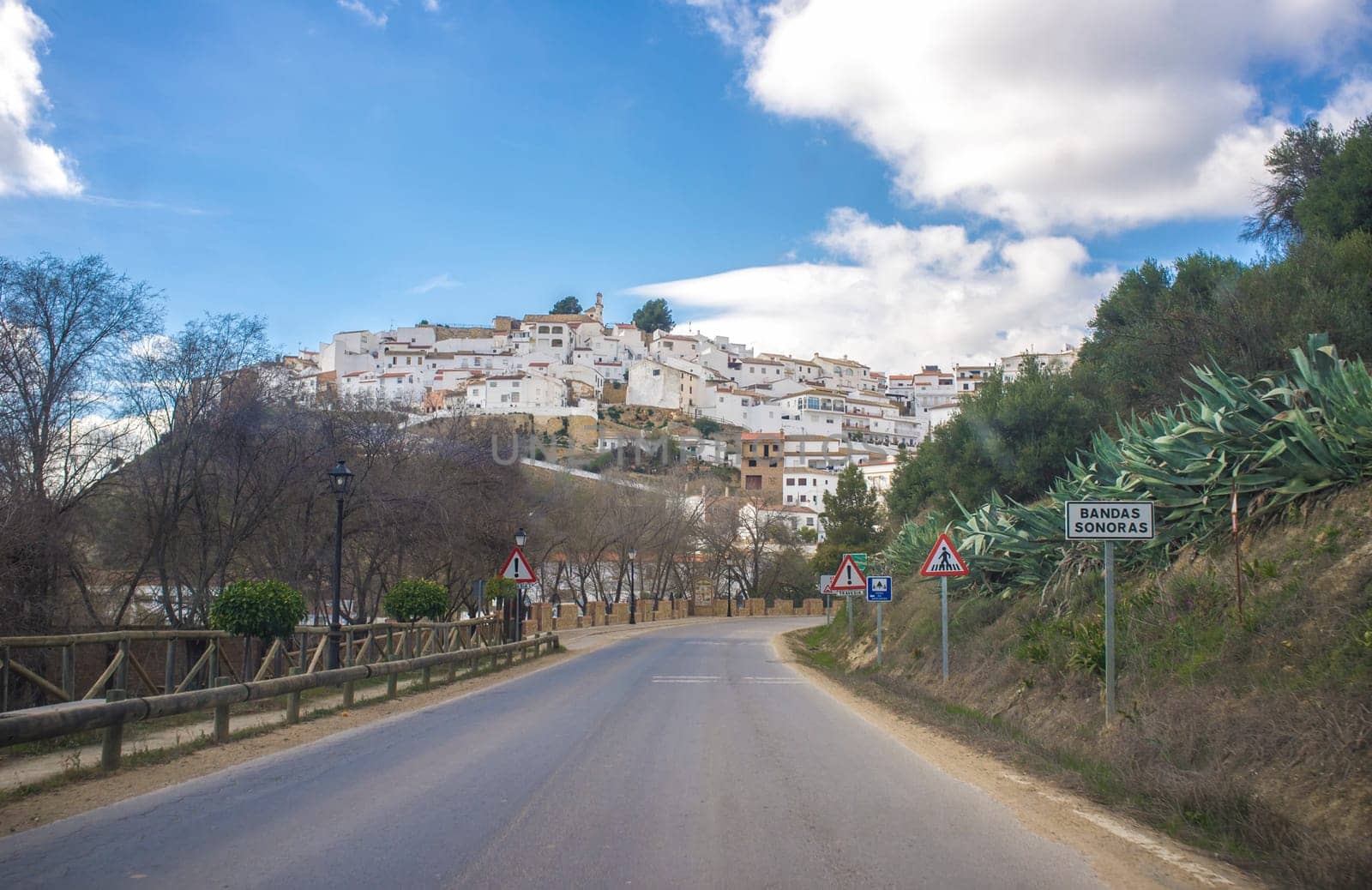Torre Alhaquime town from road. Driving by route of the White Towns, Cadiz, Spain