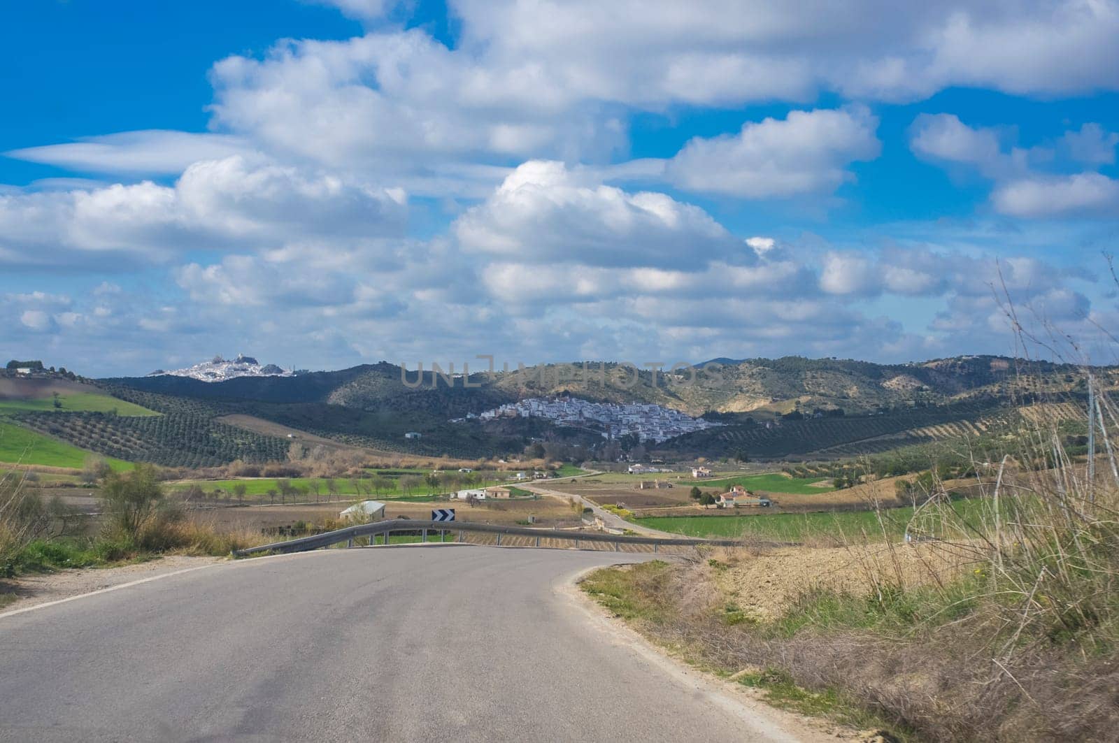 Torre Alhaquime town from road. Driving by route of the White Towns, Cadiz, Spain