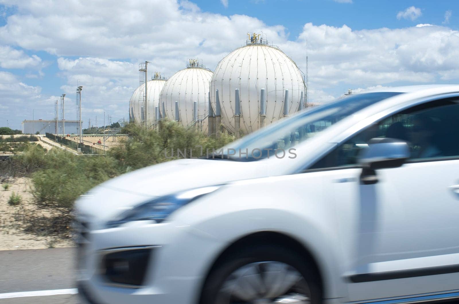 Huelva, Spain - Jul 28th, driving near the industrial zone of San Juan del Puerto, Huelva, Spain