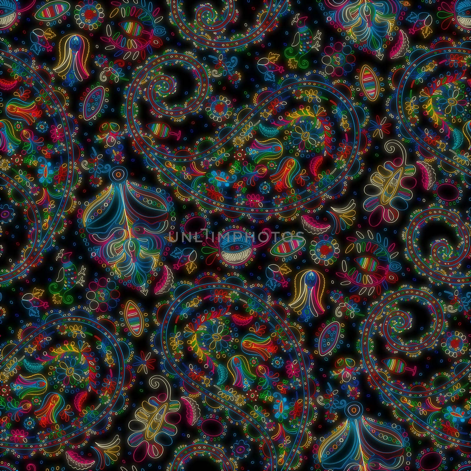 Beautiful paisley repeating pattern with floral motif in colors over black