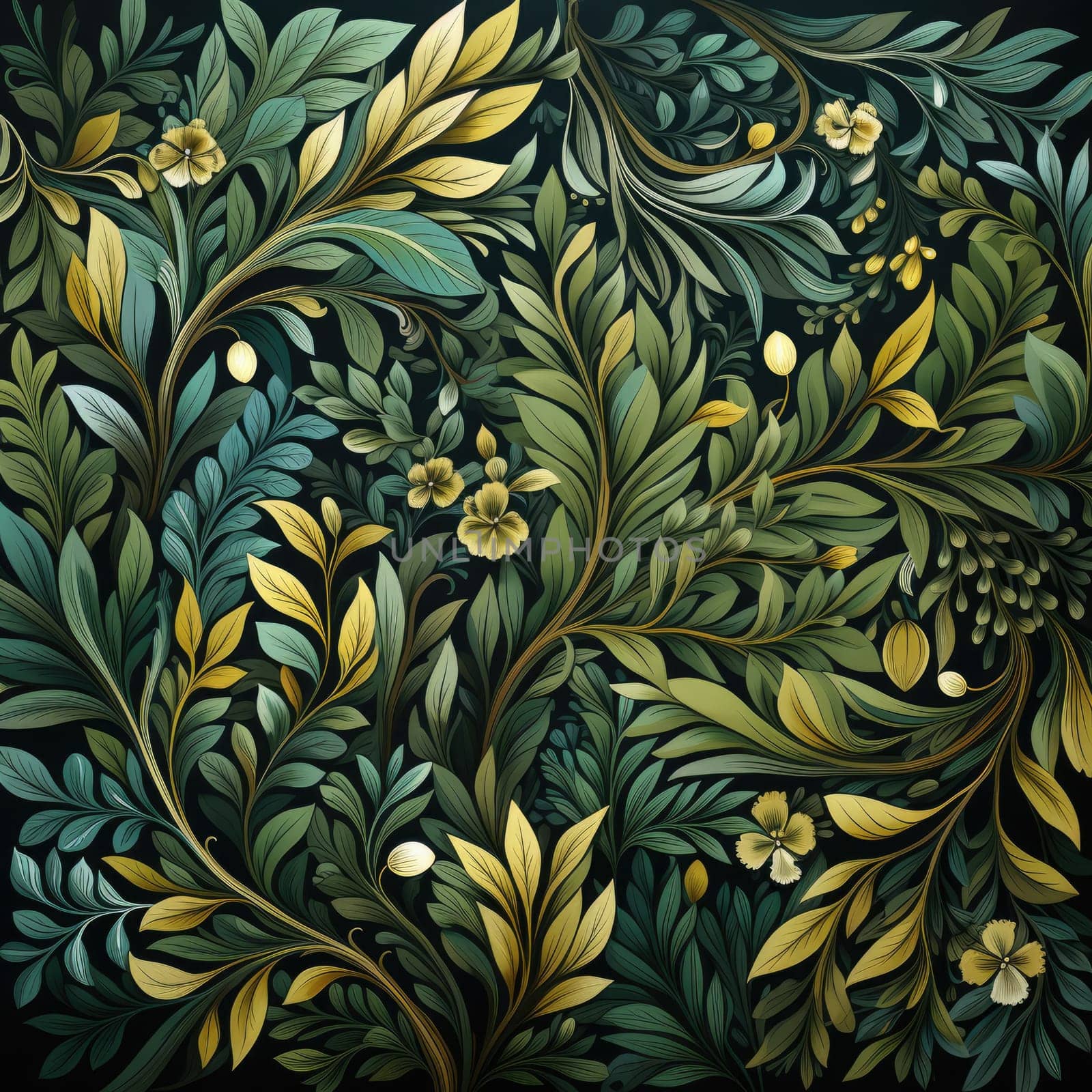 Seamless pattern of branches and leaves on a green background. Generative AI