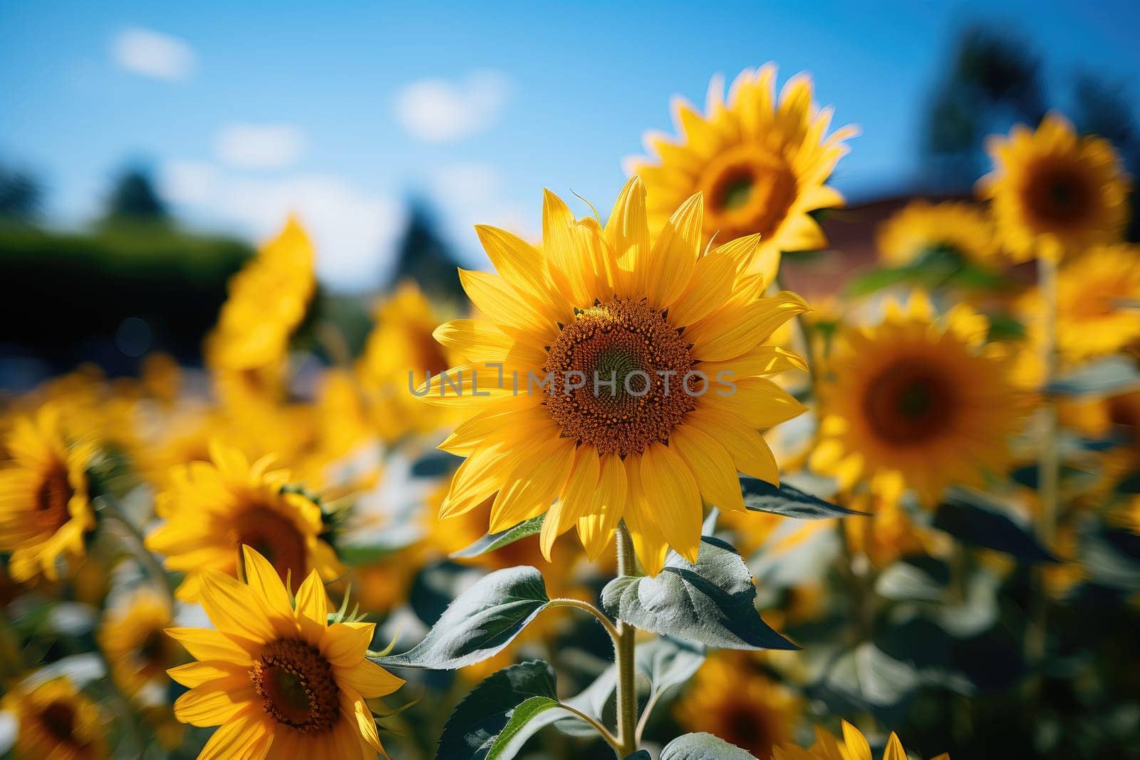 Field of blooming sunflowers. Generative AI