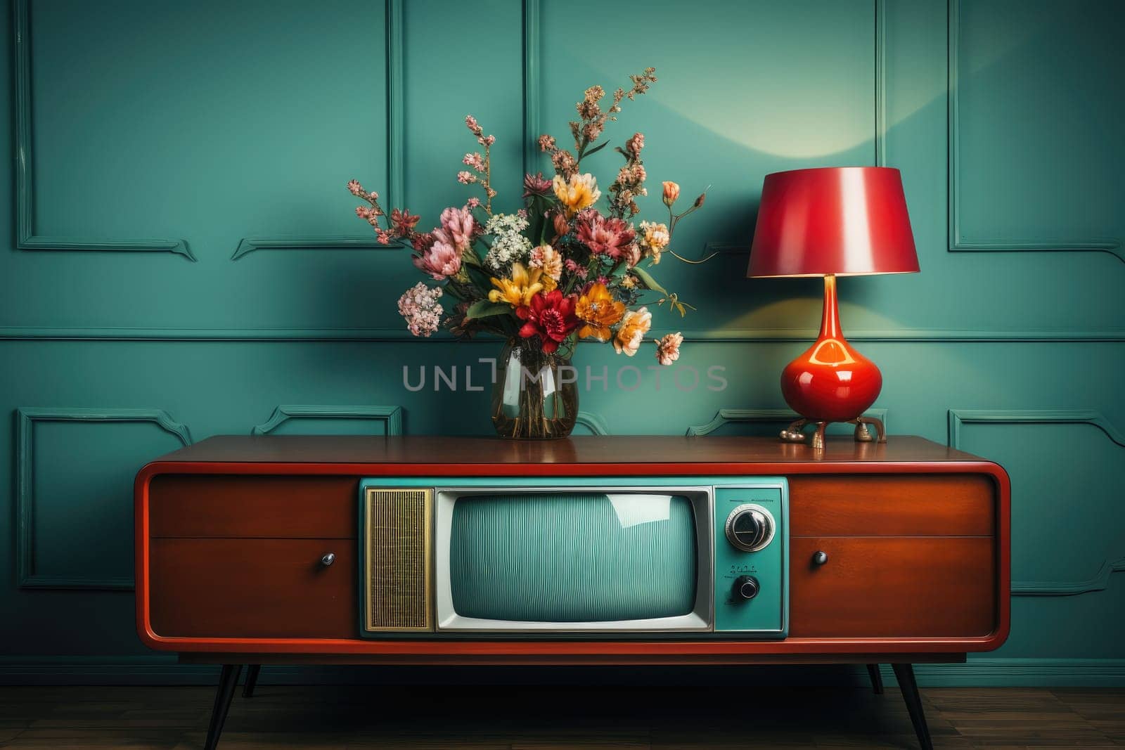 Vintage TV against the wall. Retro style. Generative AI