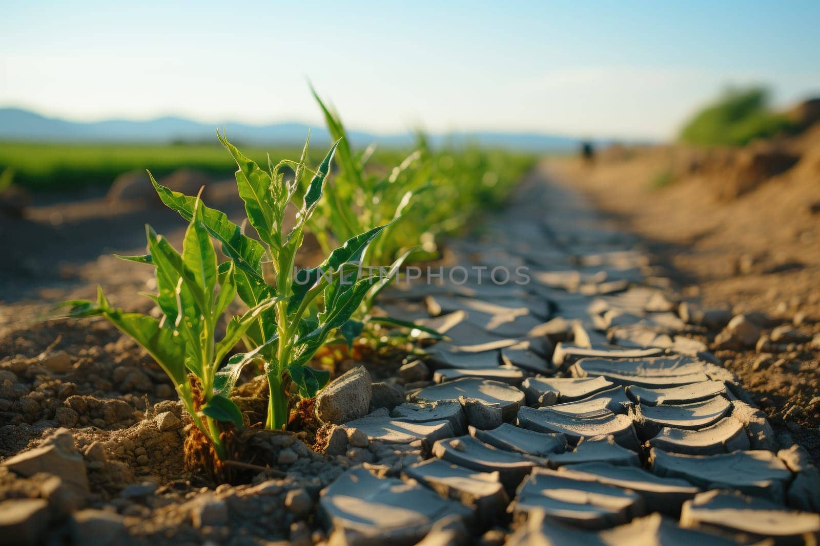 Young corn growing in dry environment. Generative AI