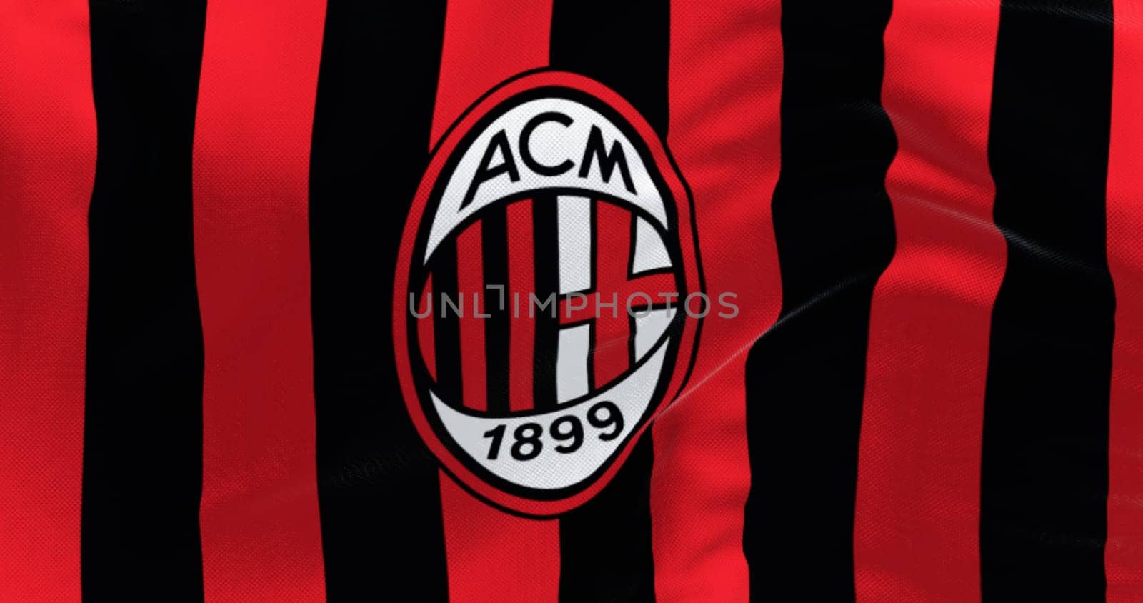 Milan, Italy, July 23 2023: Close-up of Flag of A.C. Milan waving. Professional football club based in Milan, Italy. Illustrative editorial 3d illustration render. Waving fabric.
