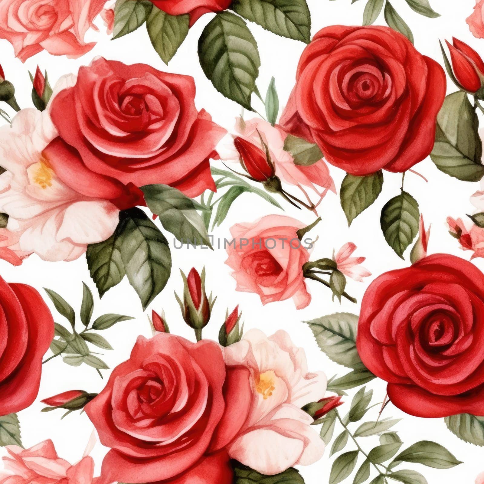 Seamless watercolor pattern with flowers and leaves. Floral pattern for wallpaper or fabric. Flower rose. Generative AI