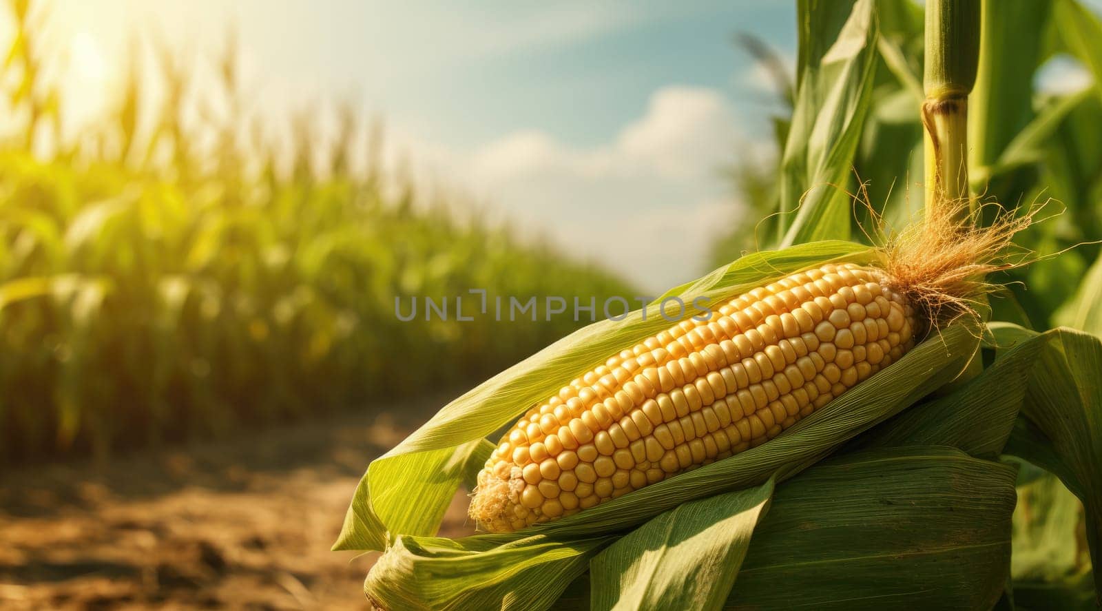 Corn cobs in agriculture field. Generative AI