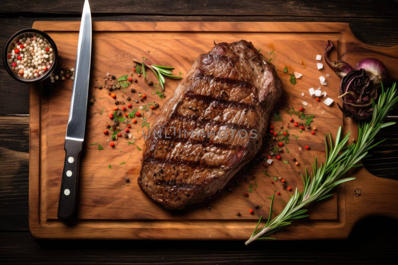 Grilled meat barbecue steak with garlic, salt and pepper on a rustic kitchen wooden cutting board with copy space. Generative AI
