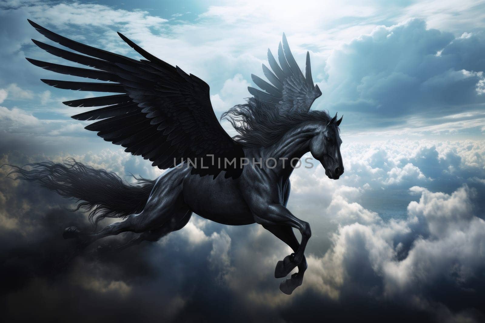 Majestic black horse with wings flying in the sky. Generative AI