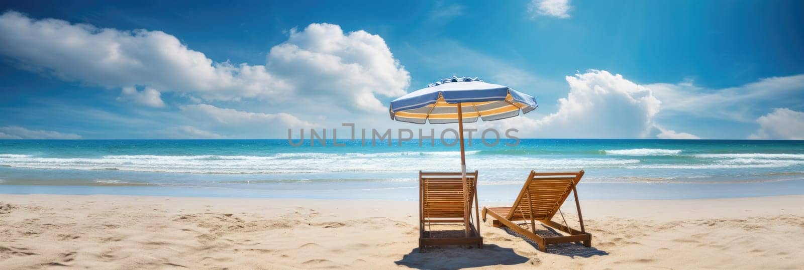Beach chairs and umbrella on a white sandy beach. Generative AI
