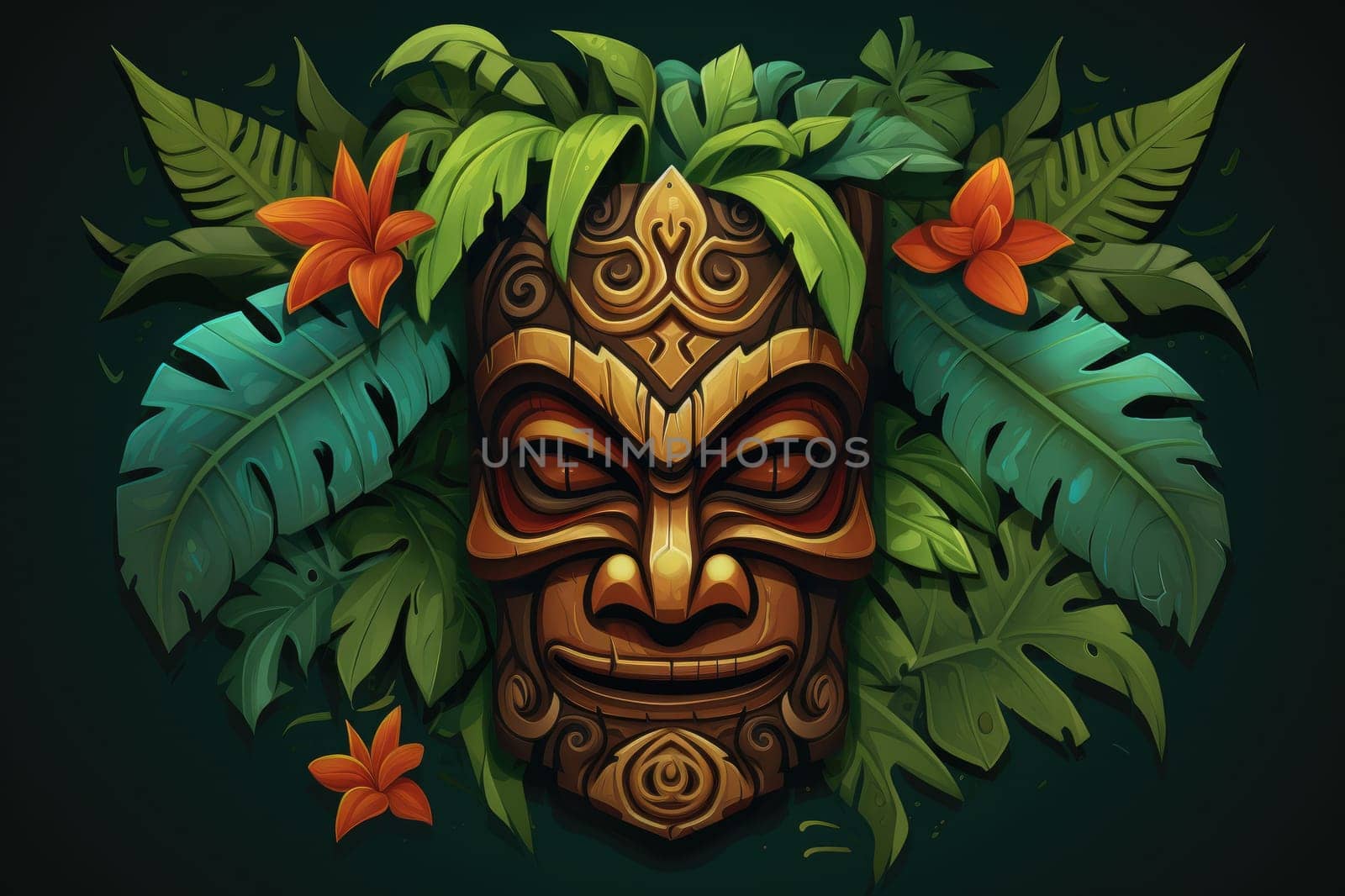 Illustration of a tropical Tiki mask. Symbol of a wild tribe in the jungle. Generative AI