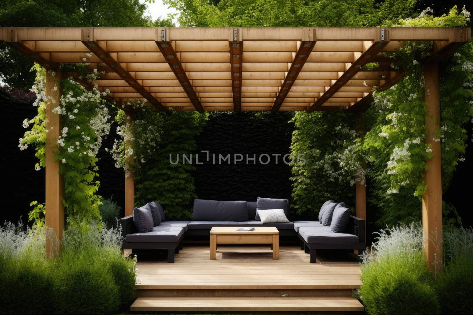 Wooden pergola for garden seating. Generative AI