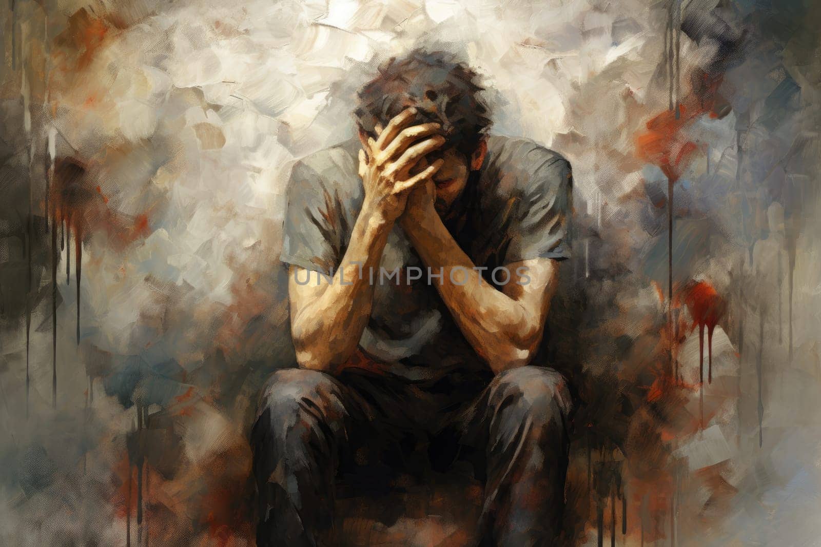 Illustration with a man with great psychological stress, anxiety and depression. Generative AI