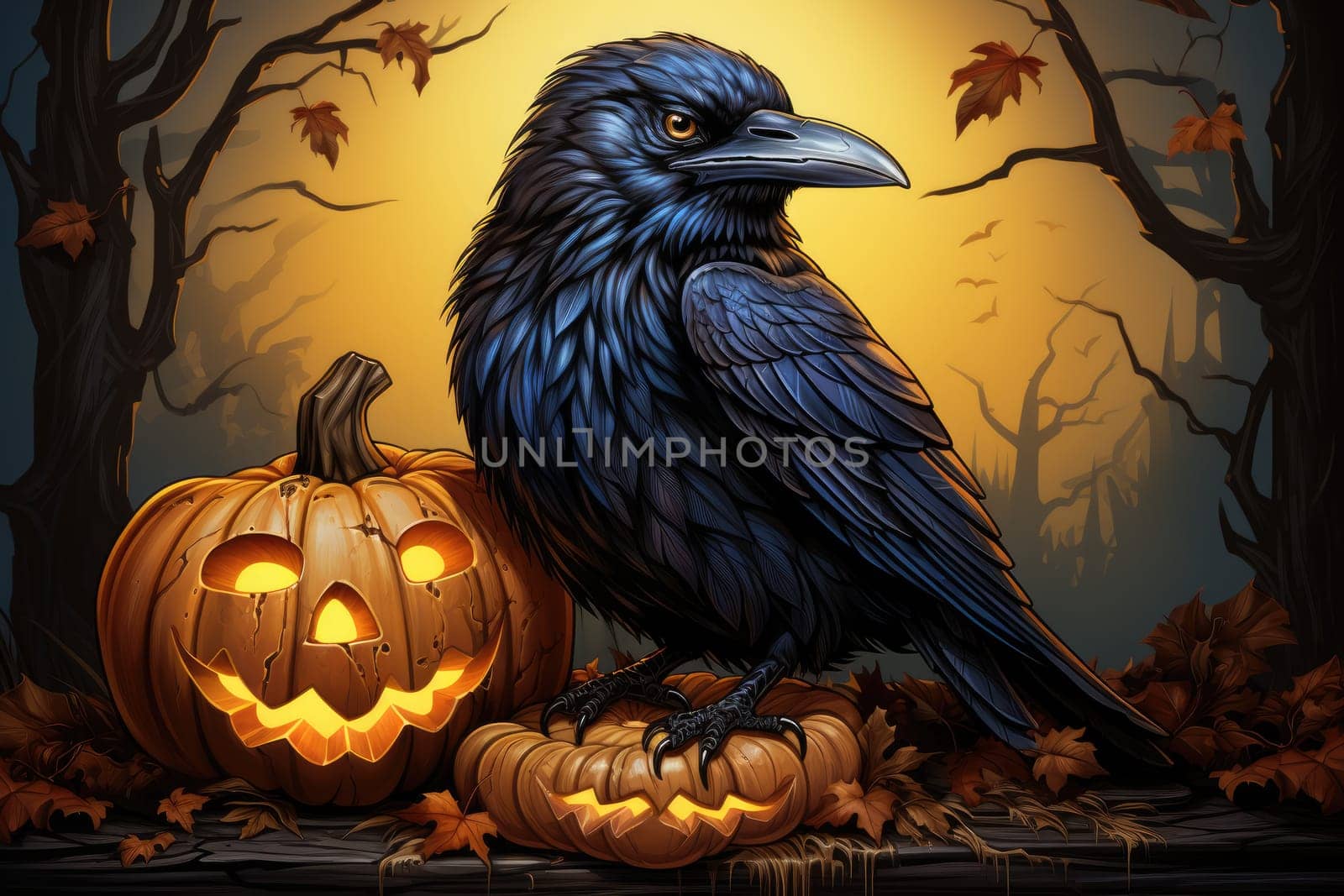Halloween pumpkin and black raven. Generative AI