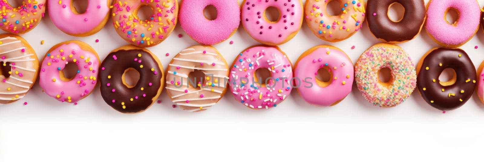 Top view of many colorful pink sweet delicious donuts. Generative AI