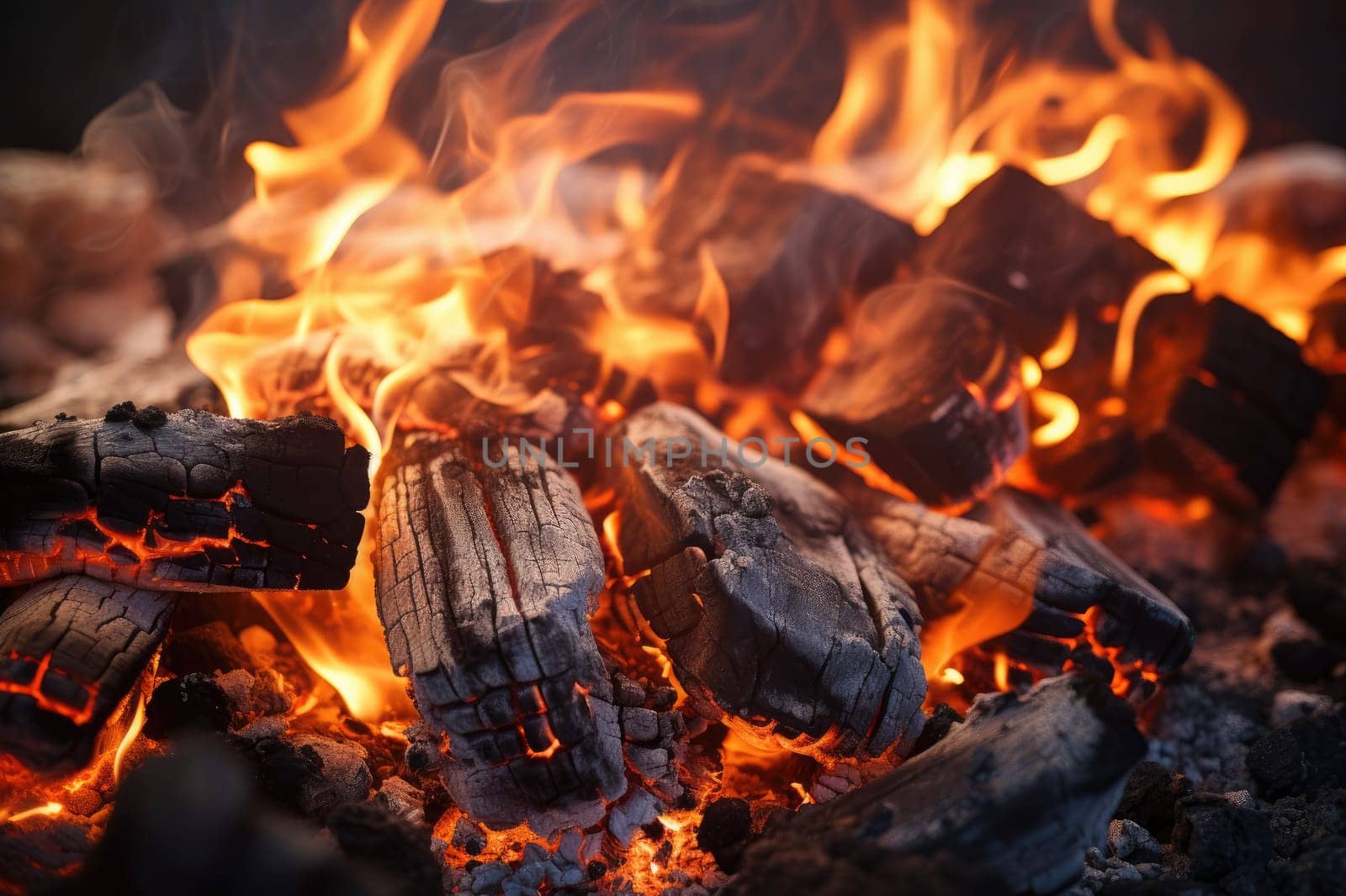 Background of charcoal for barbecue with flames. Generative AI