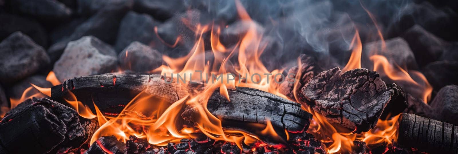 Close up of burning coals from a fire. Generative AI