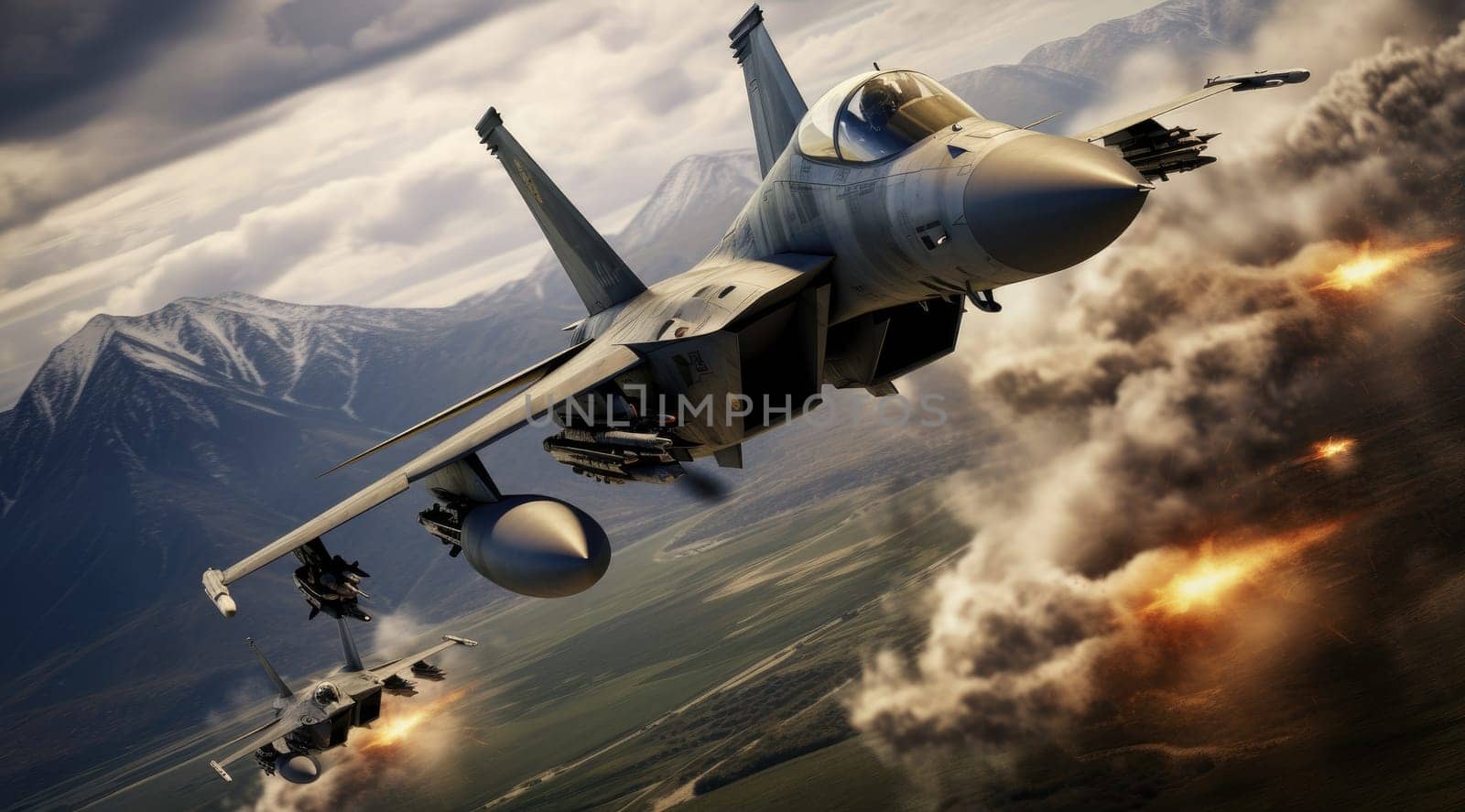 Flying military fighter jet in combat. Generative AI
