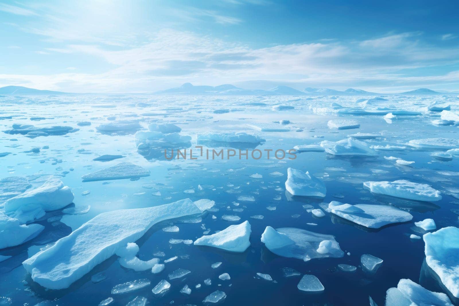 Ice sheets melting in the arctic ocean or waters. Global warming and climate change. Generative AI