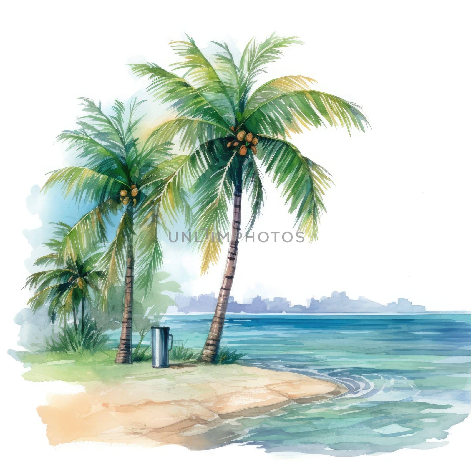 Watercolor painting of palm trees, palm tree on the beach with sea. Generative AI