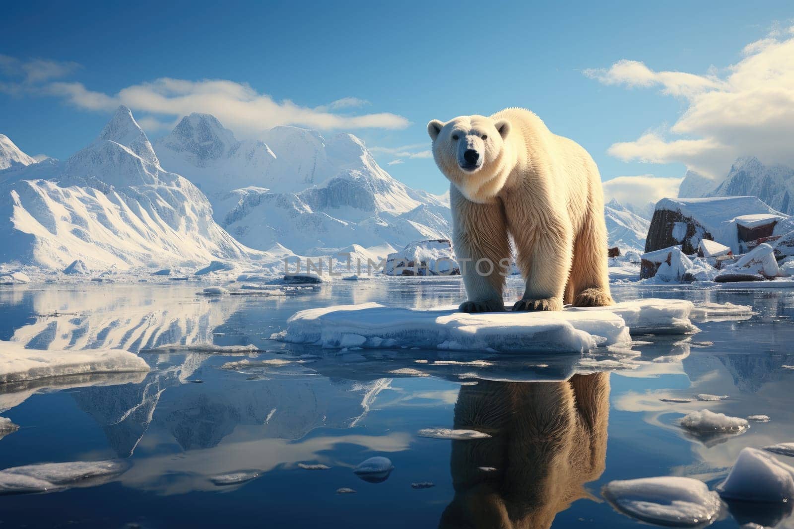 Polar bear on melting ice floe in arctic sea, digital ai.