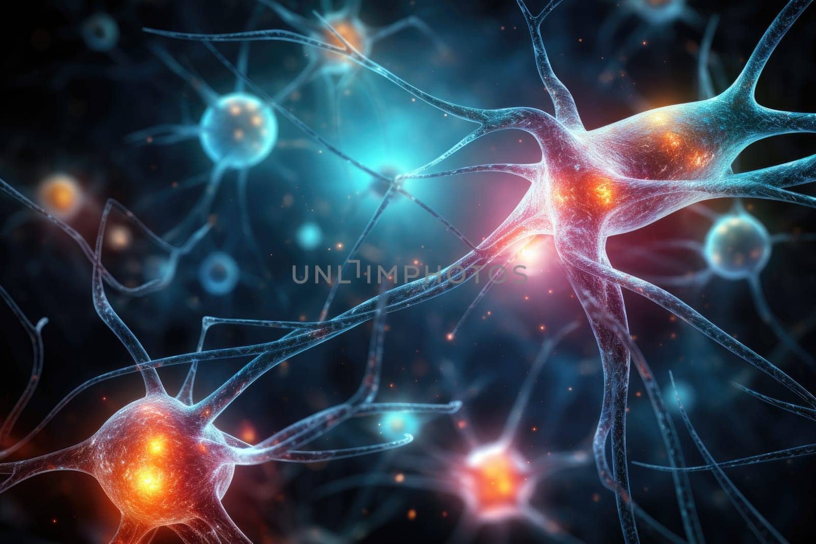 Close up view of neuron cells transmitting a signal. Generative AI