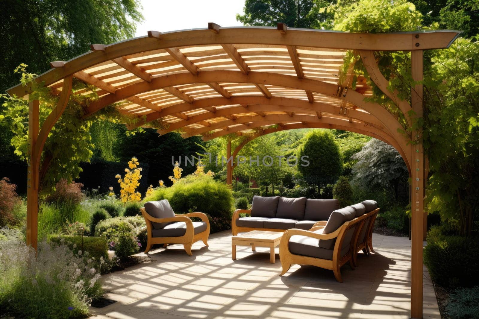 Wooden pergola for garden seating. Generative AI