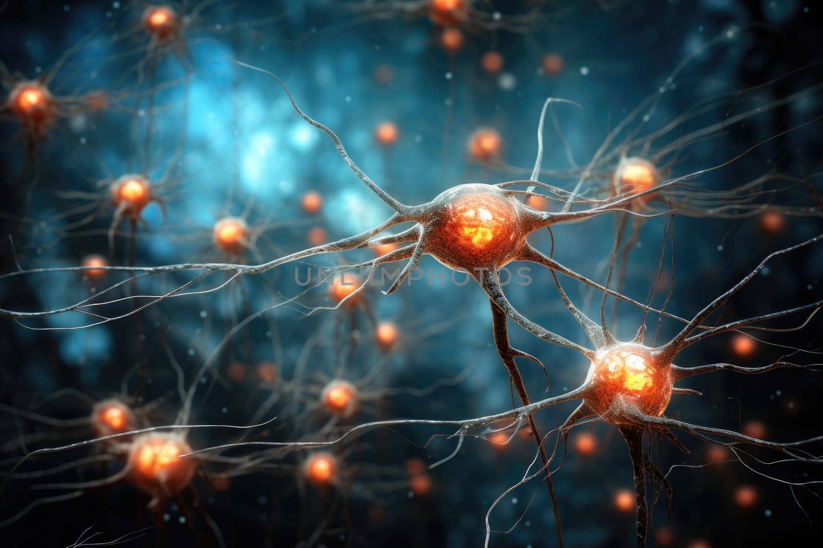 Close up view of neuron cells transmitting a signal. Generative AI