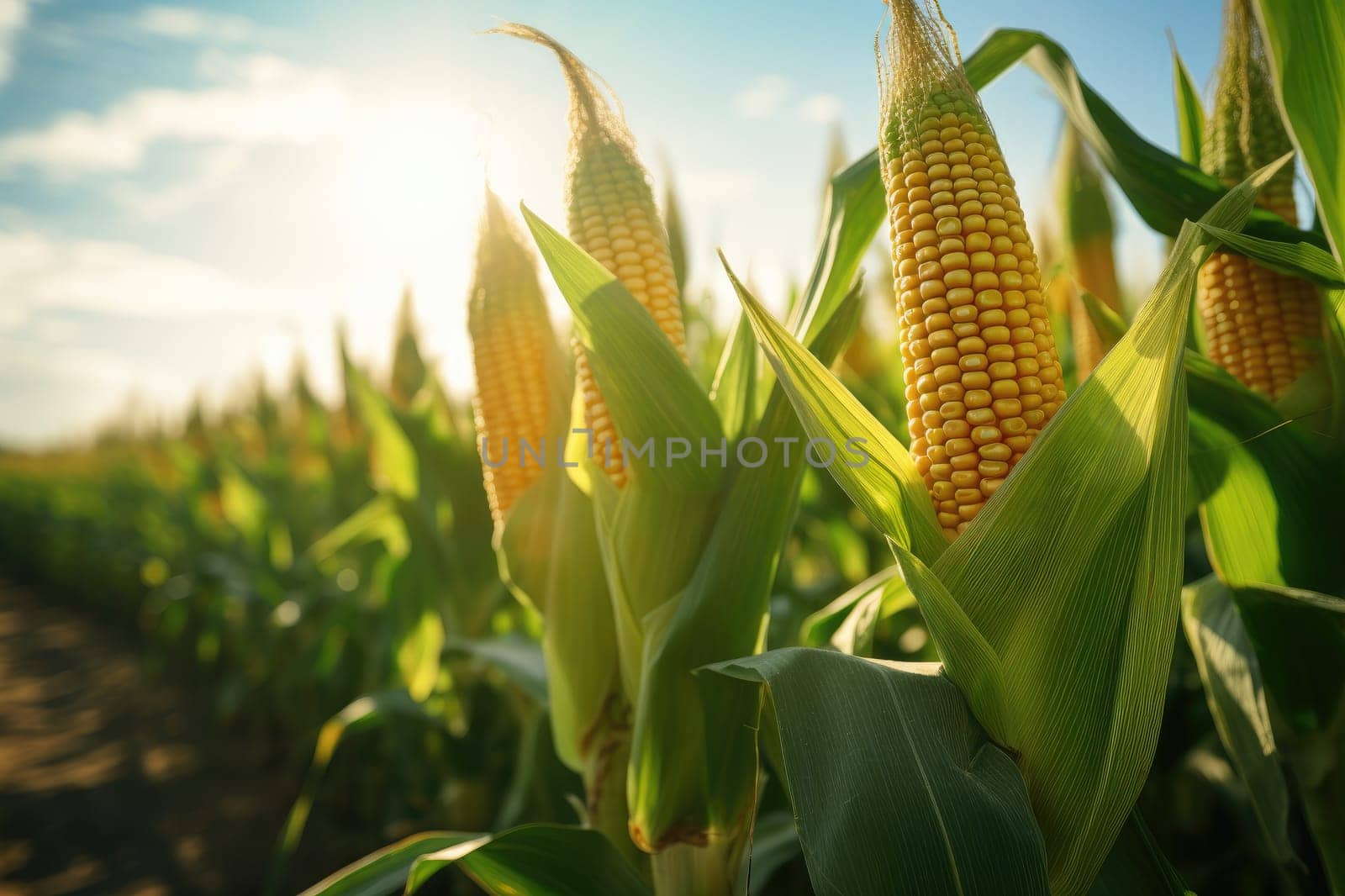 Corn cobs in agriculture field. Generative AI