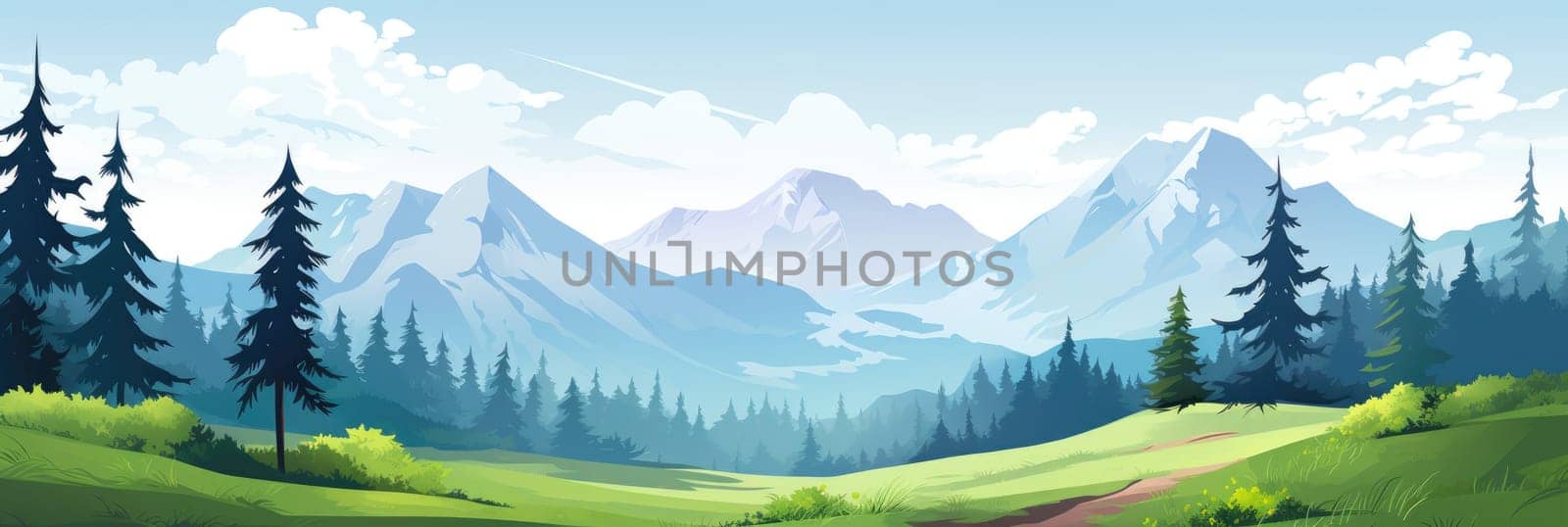 Watercolor painting of beautiful mountains, mountain peak landscape with forest. Panorama banner. Generative AI